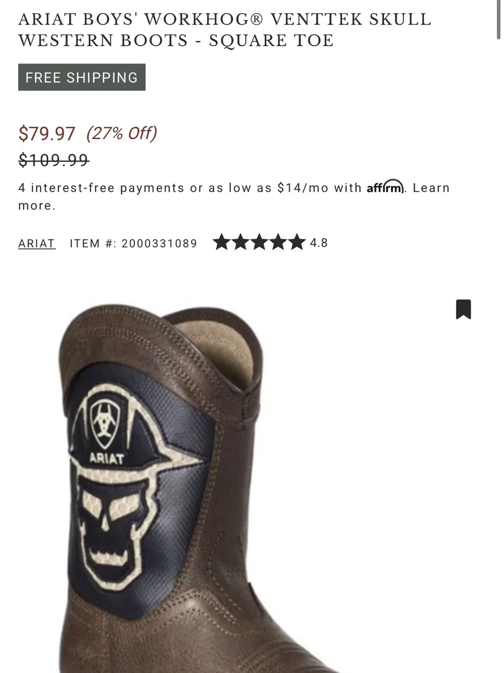 Ariat Brown and Black Western Work Boot with Skull Patch